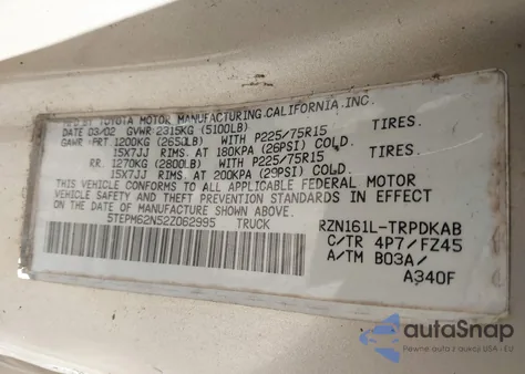 2002 Toyota Tacoma z USA, uszkodzony, nr VIN 5TEPM62N52Z062995